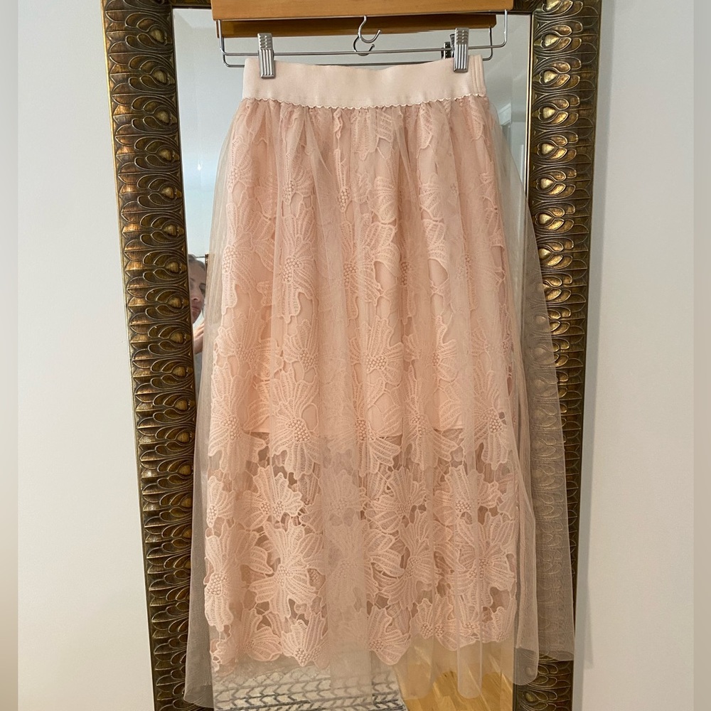 Blush pink lace midi skirt with tulle later
